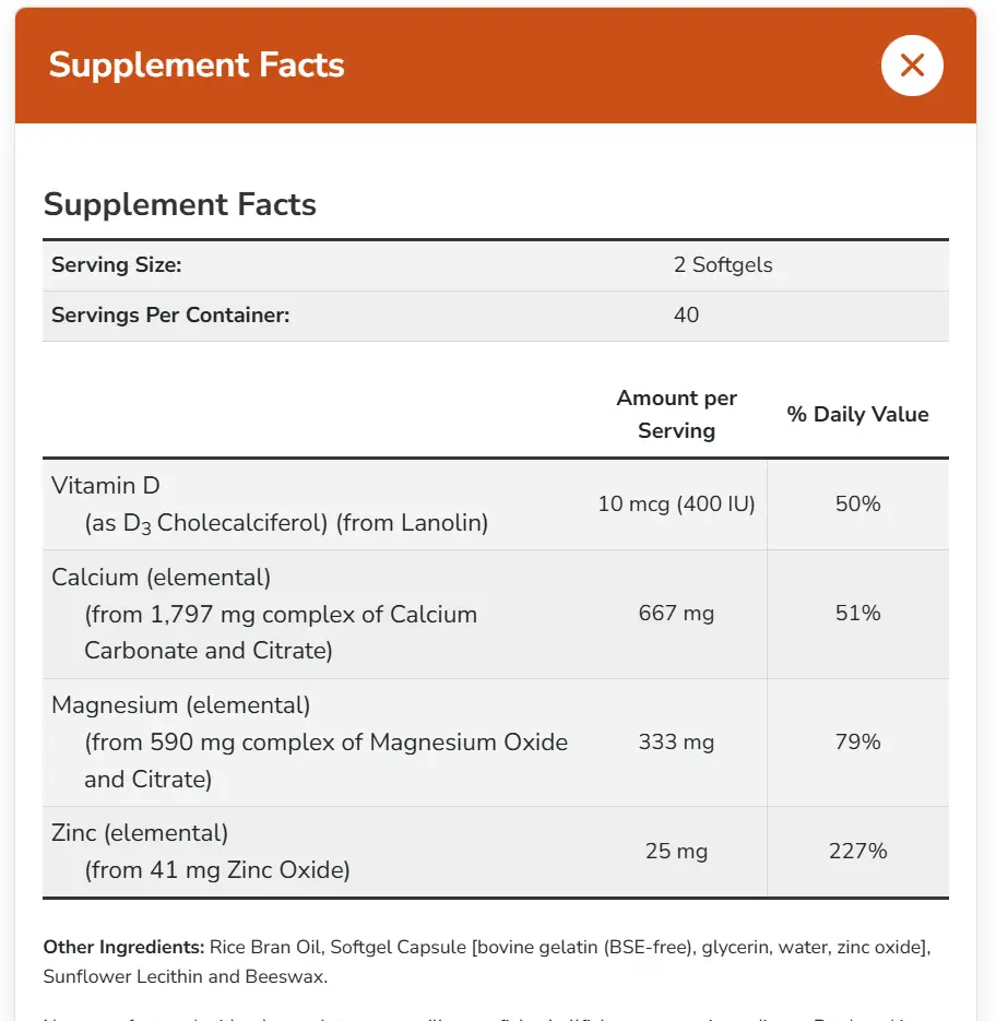 NOW Foods - Calcium & Magnesium with Vitamin D & Zinc – 120 Softgels - Bild 2