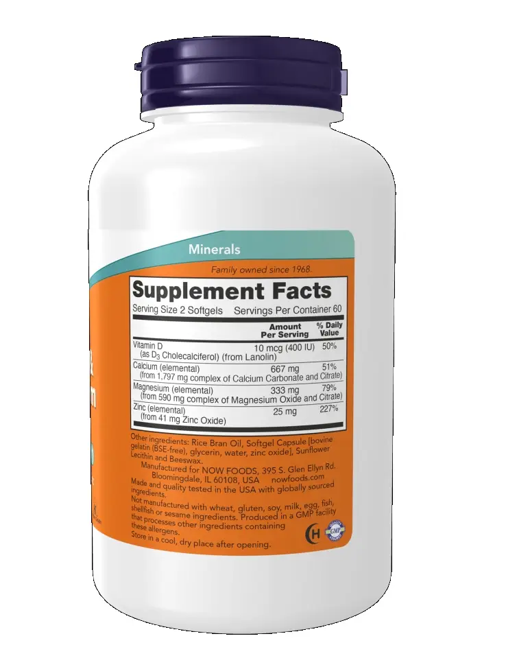 NOW Foods - Calcium & Magnesium with Vitamin D & Zinc – 120 Softgels - Bild 4